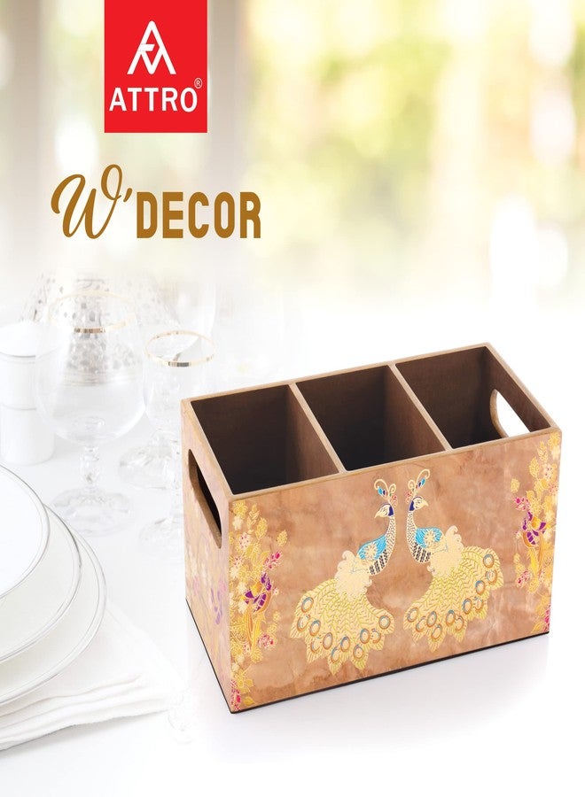 Attro Peacock Gold Designer Wooden 3 Compartments Cutlery Holder, Organizer Stand, Multipurpose Stand, Spoon Holder, Standard - Image 5